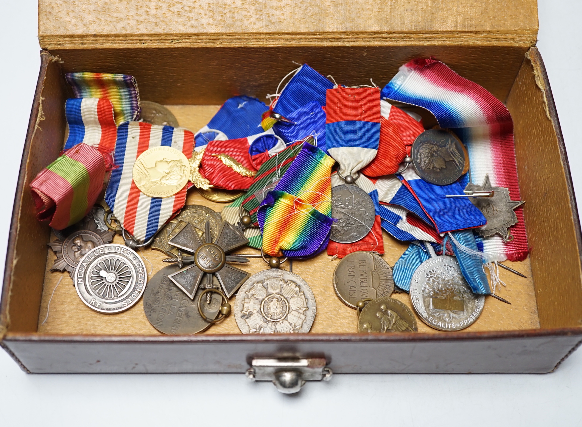 Eighteen French and Belgium medals, etc. including; Medal of Honour, War Cross, Medal of Honour for Physical Education, Victory Medal, etc.